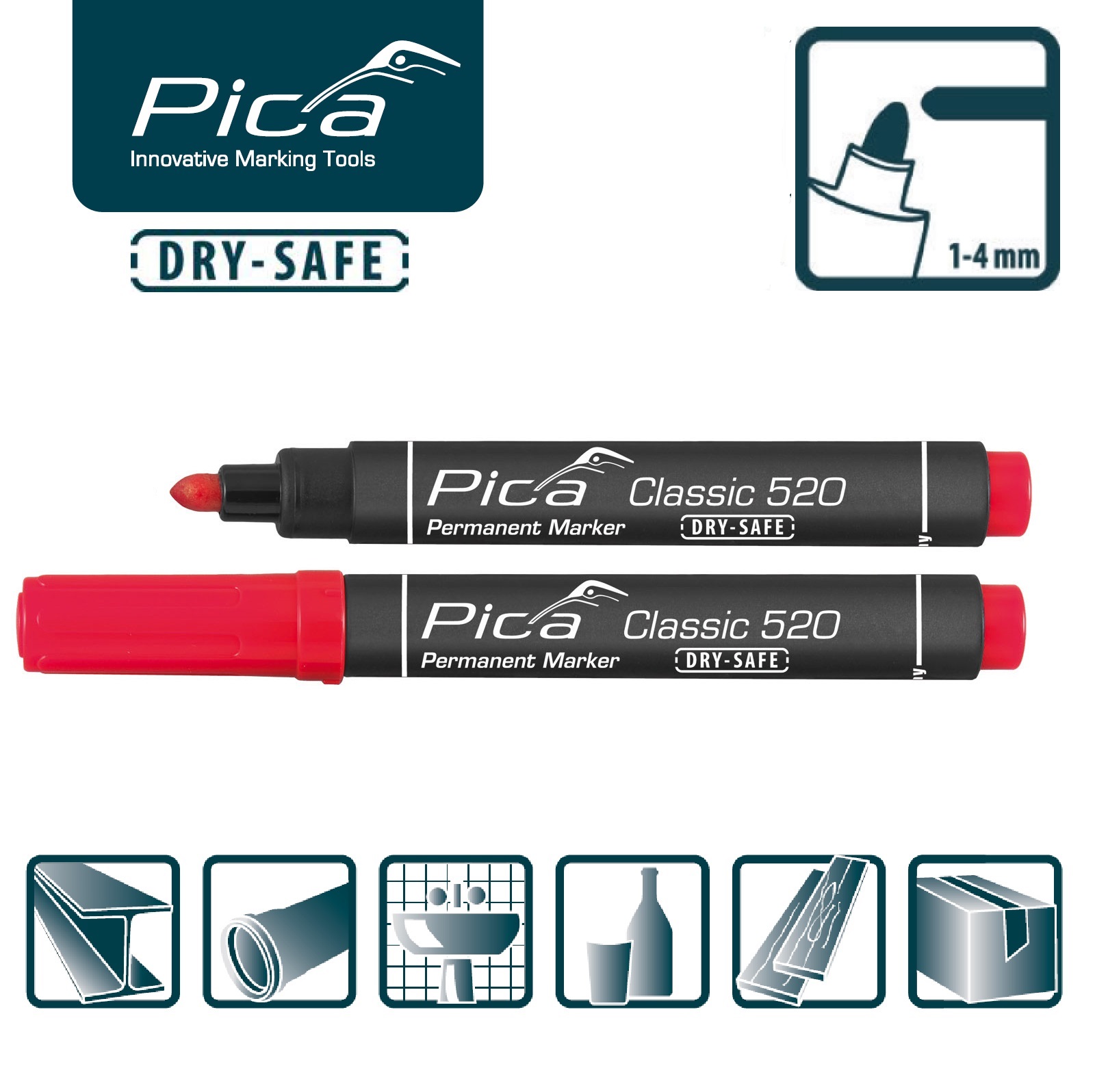 Маркер перманентный красный PICA Classic 520
