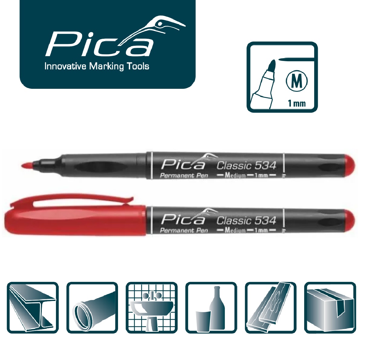 Маркер тонкий красный перманентный PICA Classic 534 Medium
