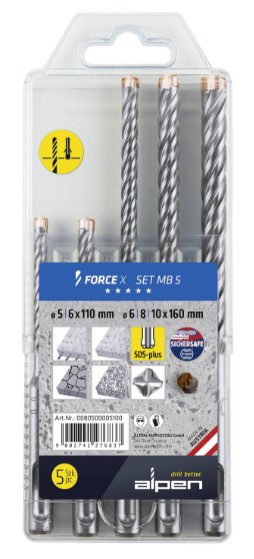 Набор буров SDS-PLUS ALPEN FORCE X MB5 5 пр. 5/6x100 мм и 6/8/10x160 мм