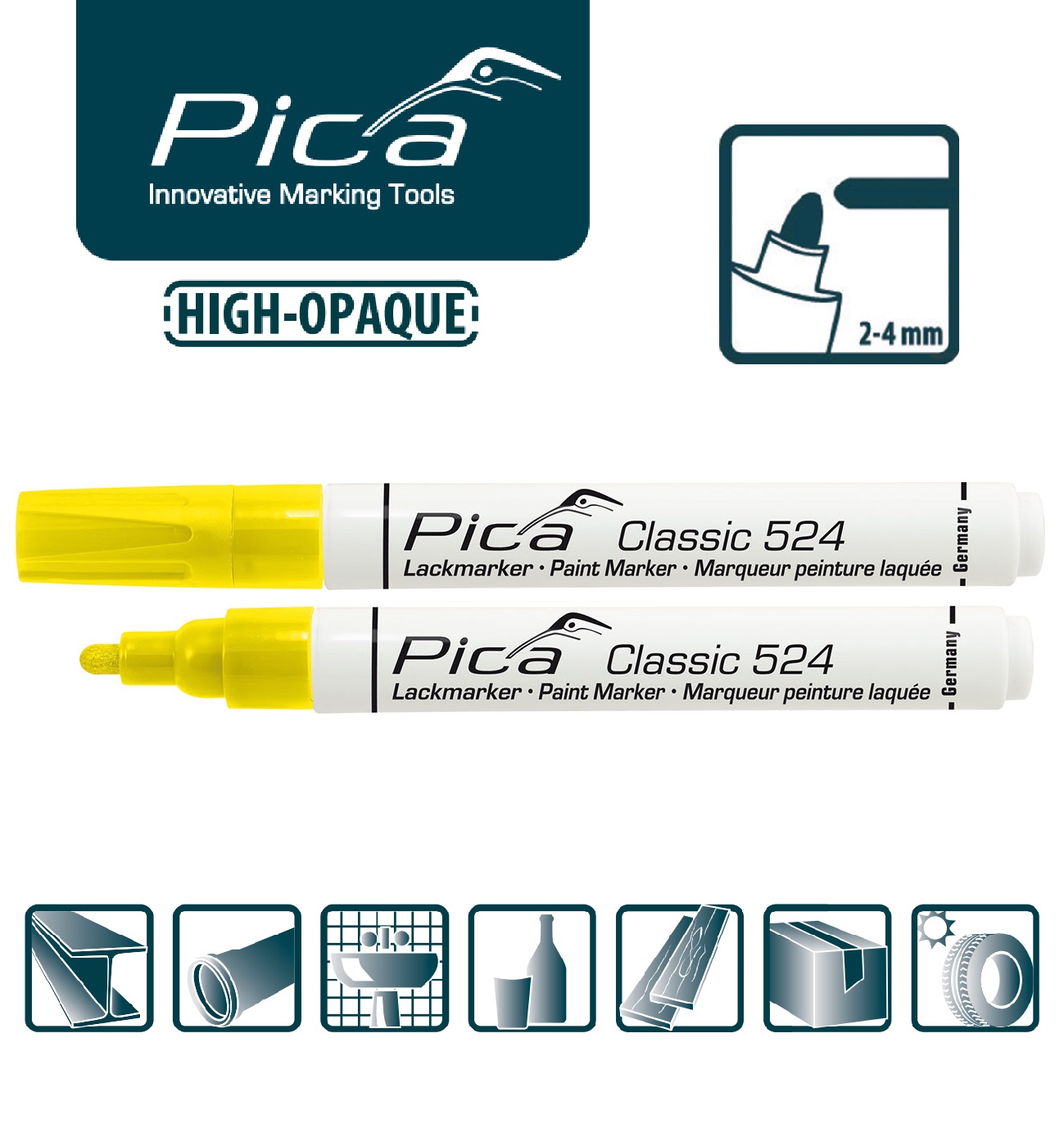 Маркер на основе краски промышленный желтый PICA Classic Industry 524/44